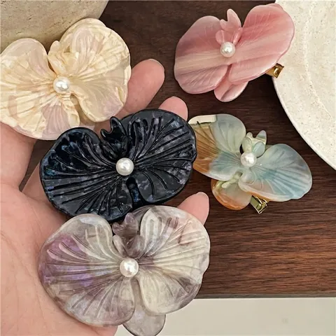 Elegante Fermaglio per Capelli in Acetato a Orchidea Con Finta Perla Artificial Floreale Becco d'Anatra Stile Coreano Accessori per Donna