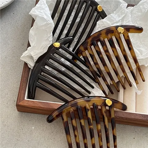 Vintage Tortoiseshell Plastic Hair Comb With Gold Alloy Bead Semicircular Hair Side Comb For Women Daily Hair Accessories