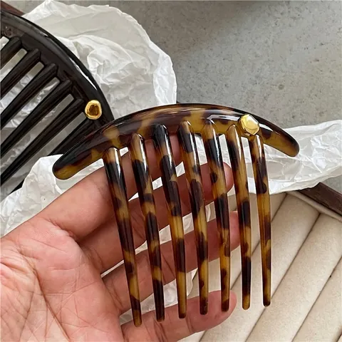 Vintage Tortoiseshell Plastic Hair Comb With Gold Alloy Bead Semicircular Hair Side Comb For Women Daily Hair Accessories