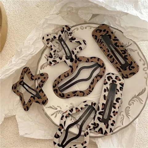 Mollette per Capelli con Stampa Leopardata Rivestite in Tessuto Metallo Vintage Geometrico Stella Nuvola Per Donna Gioielli