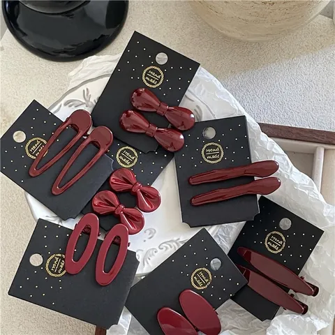 Elegant Wine Red Alloy Bowknot Hair Clip Pair For Women Sweet Korean Style Lacquer Duckbill Barrette Vintage Hair Accessories