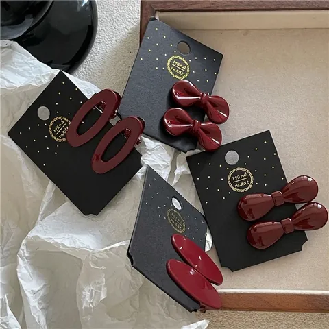 Elegant Wine Red Alloy Bowknot Hair Clip Pair For Women Sweet Korean Style Lacquer Duckbill Barrette Vintage Hair Accessories