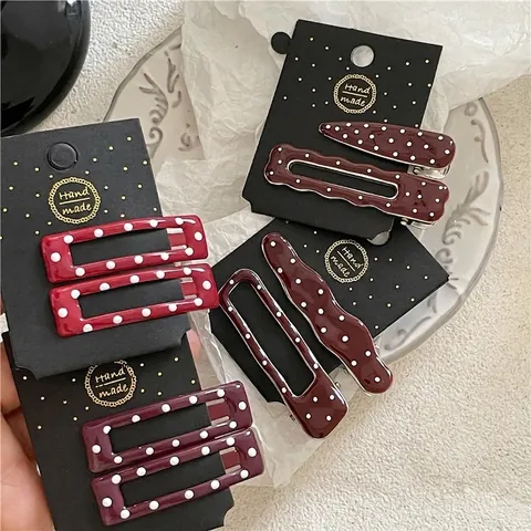 Vintage Polka Dot Alloy Hair Clip Set Wine Red Rectangular Geometric Wave Duckbill Clips Bangs Hairpins For Women Accessories