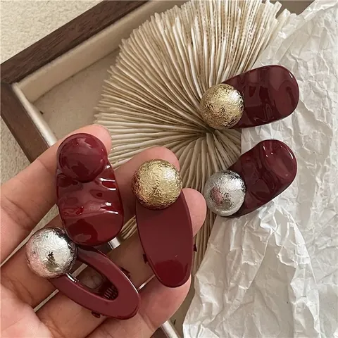 Pince à Cheveux en Alliage Rouge Vin Vintage Rétro pour Femmes Français Simple Goutte Ovale Géométrique Pince Bec de Canard