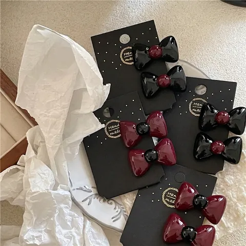 Set di Fermagli per Capelli e Elastici con Fiocco in Resina Vintage Lucido Rosso Vino Nero Decorazione per Capelli Donna Ragazze