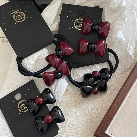 Set di Fermagli per Capelli e Elastici con Fiocco in Resina Vintage Lucido Rosso Vino Nero Decorazione per Capelli Donna Ragazze