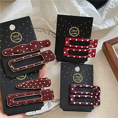 Vintage Polka Dot Alloy Hair Clip Set Wine Red Rectangular Geometric Wave Duckbill Clips Bangs Hairpins For Women Accessories