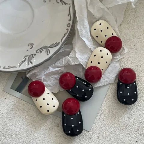 Fermaglio per Capelli a Goccia Vintage a Pois in Lega con Sfera Rossa a Becco d'Anatra per Donna Ragazza Stile Coreano