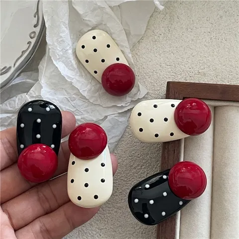 Fermaglio per Capelli a Goccia Vintage a Pois in Lega con Sfera Rossa a Becco d'Anatra per Donna Ragazza Stile Coreano