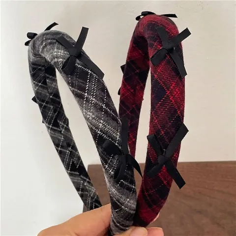 Cerchietto Imbottito a Quadretti da Donna Con Fiocco in Tessuto a Rombi Fascia per Capelli Moda Coreana Autunno Inverno Accessorio