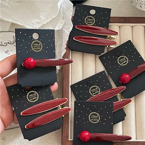 Vintage Wine Red Gold Glitter Hair Clip Alloy Resin Duckbill Clip Round Bead Willow Leaf Side Clip Fashion Women Hair Accessory