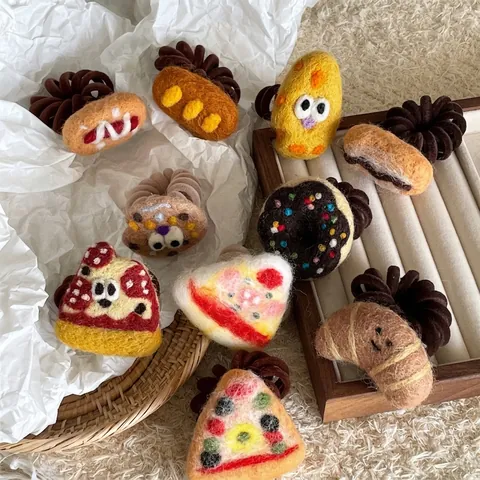 Handgemachte Wollfilz Essen Form Spirale Haargummis Für Damen Mädchen Süße Pizza Donut Brot Cartoon Tier Haar Ringe Elastische Haarbänder Schmuck