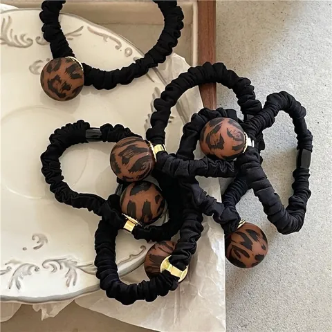 Luipaardprint Gematteerde Bal Scrunchie Koreaanse Mode Ronde Kraal Elastische Haarband Retro Zwart Geplooid Dames Haaraccessoire