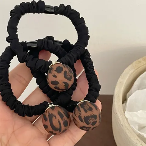Luipaardprint Gematteerde Bal Scrunchie Koreaanse Mode Ronde Kraal Elastische Haarband Retro Zwart Geplooid Dames Haaraccessoire