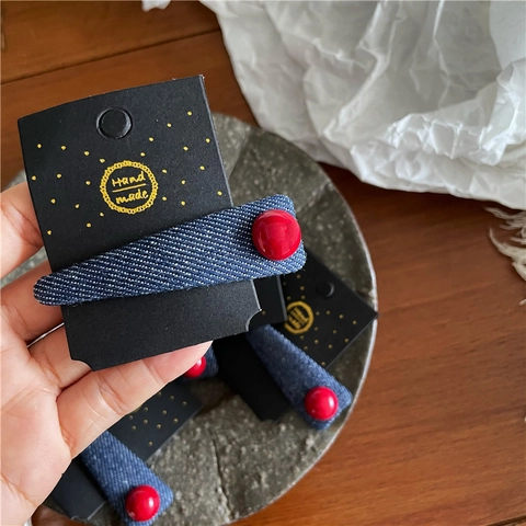 Fermaglio per Capelli BB a Triangolo in Denim Stile Coreano Con Perlina Rossa Retro Fatto a Mano in Tessuto Blu per Donna