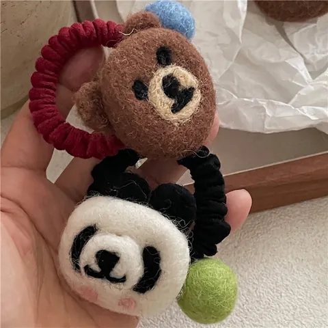 Handgefertigte Wollfilz Tier Haargummis Süße Panda Bär Elastische Haarbänder Bunte Fellknäuel Haarschmuck Für Damen