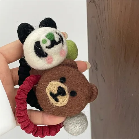 Handgefertigte Wollfilz Tier Haargummis Süße Panda Bär Elastische Haarbänder Bunte Fellknäuel Haarschmuck Für Damen