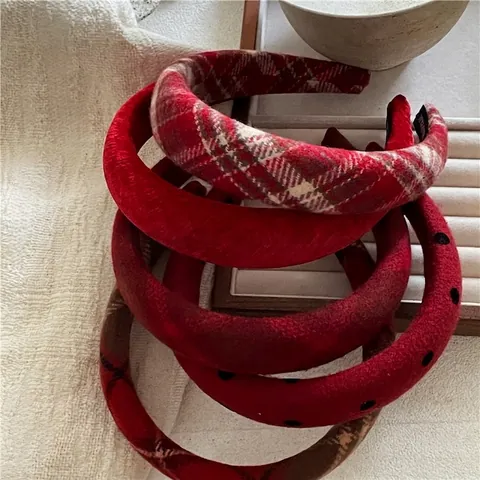 Retro Red Padded Sponge Headband For Women Festive Plaid Polka Dot Velvet Wide Hairband Hair Accessories New Year Gift