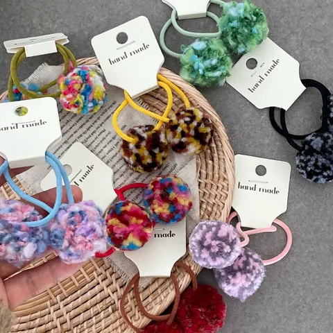 Cute Handmade Colorful Pom Pom Hair Tie Set For Kids Girls Sweet Multicolor Polyester Elastic Hair Band Ponytail Holder Jewelry Accessory