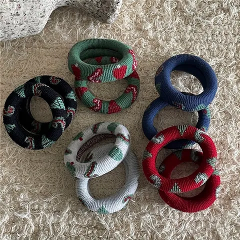Chouchou en Maille Imprimé Sapin de Noël Mignon Anneau de Serviette Doux Haute Élasticité pour Femme Fille Style Coréen