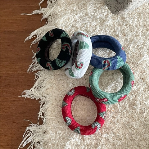 Chouchou en Maille Imprimé Sapin de Noël Mignon Anneau de Serviette Doux Haute Élasticité pour Femme Fille Style Coréen