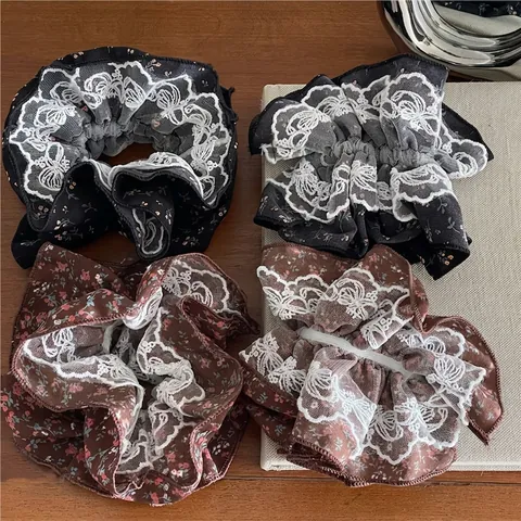 Elastico per Capelli in Tessuto Floreale Vintage Con Bordo in Pizzo Dolce Stile Coreano Increspato per Donna Ragazza Gioielli
