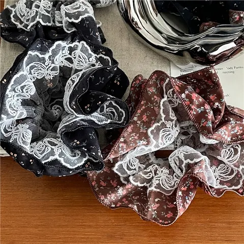 Elastico per Capelli in Tessuto Floreale Vintage Con Bordo in Pizzo Dolce Stile Coreano Increspato per Donna Ragazza Gioielli