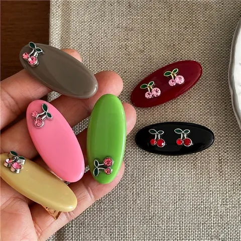 Süße Kirsche Strass Legierung Entenschnabel Haarklammer Bunte Ovale Acryl Haarnadel Süße Seitenclip Für Damen Mädchen Haarschmuck