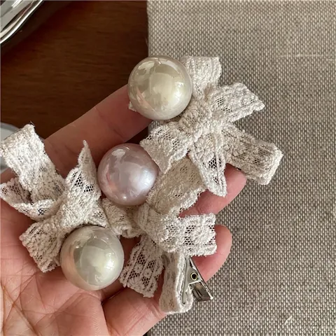 Fermagli per Capelli a Fiocco in Pizzo Rétro Francese Con Imitazione Perla Artificial Clip a Becco d'Anatra per Donna Ragazza