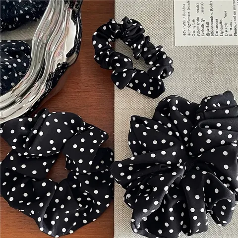 Women Vintage Polka Dot Scrunchies Retro Black White Dot Satin Fabric Hair Ties Elastic Ponytail Holder Hair Accessories