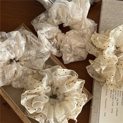 Lace Mesh Scrunchie Floral Embroidery Polka Dot Mesh Fabric Hair Tie Vintage French Style Ponytail Holder Women Jewelry