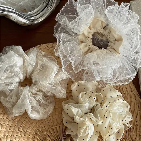 Lace Mesh Scrunchie Floral Embroidery Polka Dot Mesh Fabric Hair Tie Vintage French Style Ponytail Holder Women Jewelry