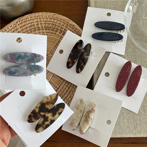 Elegant Oval Acetate Hair Clips For Women French Style Marble Tortoiseshell Pattern Alloy Duckbill Hairgrips Pair Set Hair Accessories