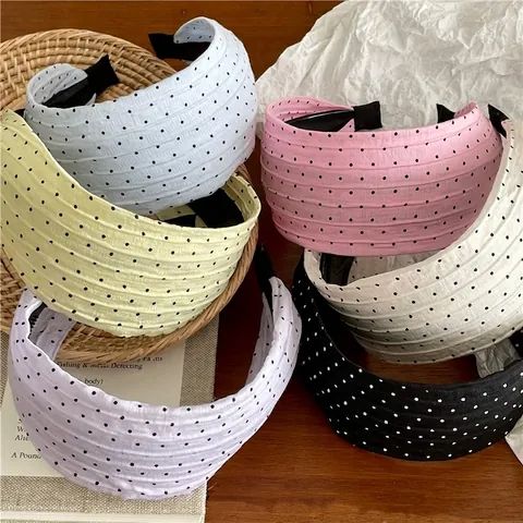 Diadema Vintage de Ala Ancha con Lunares Dulce Aro de Pelo de Tela Arrugada Accesorios para el Cabello de Moda Antideslizantes para Mujer