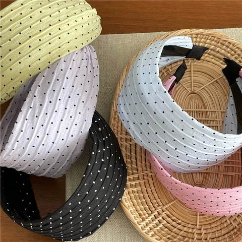 Diadema Vintage de Ala Ancha con Lunares Dulce Aro de Pelo de Tela Arrugada Accesorios para el Cabello de Moda Antideslizantes para Mujer