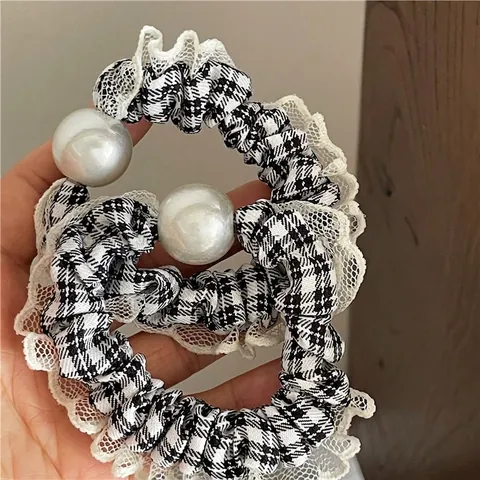 French Retro Black White Houndstooth Plaid Scrunchie With Faux Artificial Pearl Lace Edge Elegant Hair Tie Women Hair Accessories