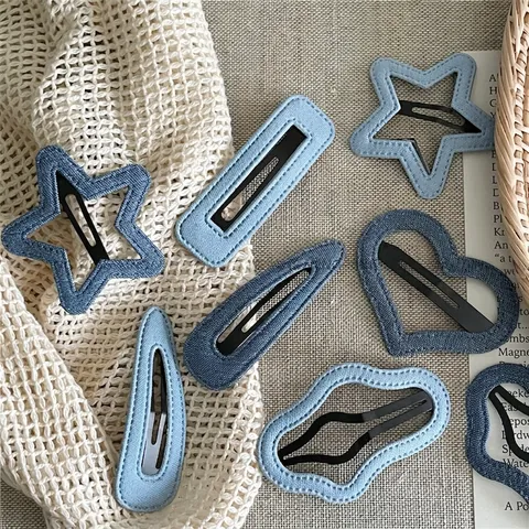 Ensemble de Pinces à Cheveux en Tissu Denim Fait à la Main Mode Bleu Étoile Cœur Nuage Goutte d'Eau Formes Clips BB pour Femme Accessoires