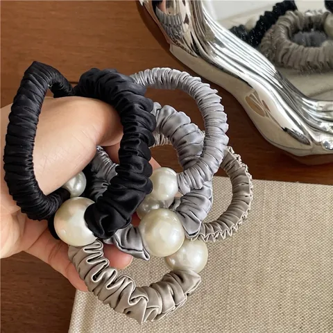 Coletero Elegante de Satén Con Perla Artificial Cuerda para el Pelo Plisada Soporte para Coleta de Alta Elasticidad Estilo Coreano