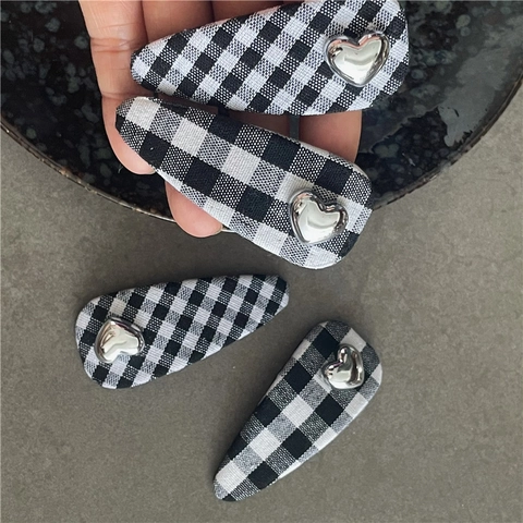 Vintage Black White Checkered Fabric BB Hair Clip For Women Sweet Silver Mirror Heart Metal Waterdrop Side Hairpin Trendy Headwear