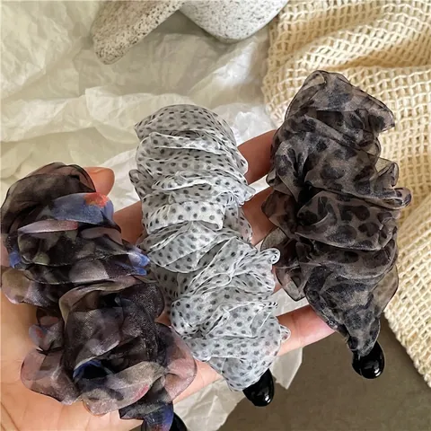 Fermaglio a Banana in Rete Stile Coreano con Volant Pois Stampa Leopardata Tessuto Plissettato Artiglio per Capelli Donna