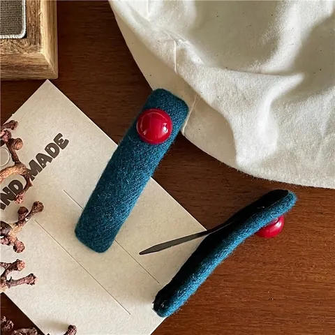 Korean Style Rectangular BB Hair Clip Teal Blue Wool Fabric Wrapped Side Clip With Red Bead Embellishment For Women