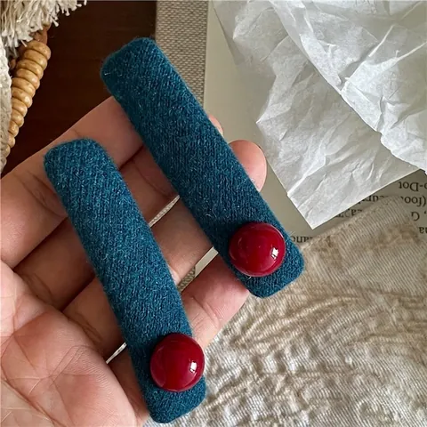 Korean Style Rectangular BB Hair Clip Teal Blue Wool Fabric Wrapped Side Clip With Red Bead Embellishment For Women