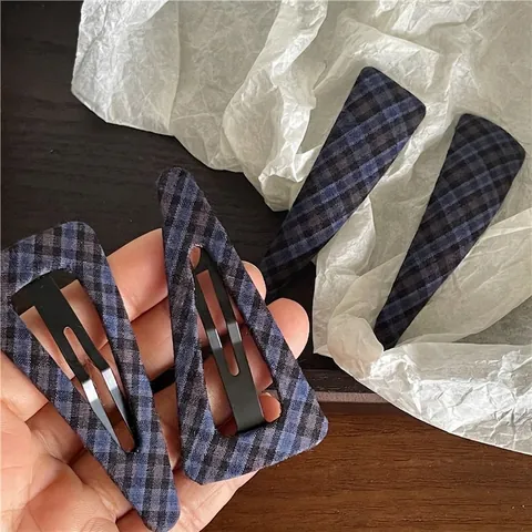 Vintage Navy Blue Plaid Fabric Triangle BB Hair Clips For Women Korean Geometric Checkered Hair Pins Daily Hair Accessories