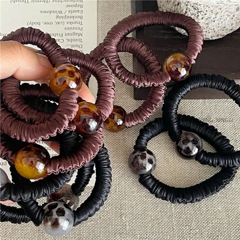 Vintage Luipaardprint Satin Haarelastiekjes Met Ronde Kraal Elastische Haarband Voor Vrouwen Koreaanse Stijl Handgemaakte Haaraccessoires