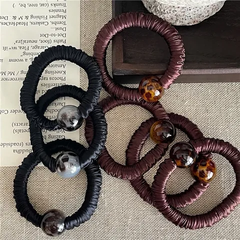 Vintage Luipaardprint Satin Haarelastiekjes Met Ronde Kraal Elastische Haarband Voor Vrouwen Koreaanse Stijl Handgemaakte Haaraccessoires