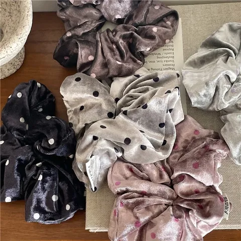 High Quality Velvet Polka Dot Scrunchies Elegant Pleated Fabric Hair Ties For Women Girls Sweet Fashion Ponytail Holders