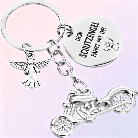Portachiavi Moto Angelo Custode in Acciaio Inossidabile Con Scritta Tedesca Dein Schutzengel Fahrt Mit Dir Regalo Per Motociclisti