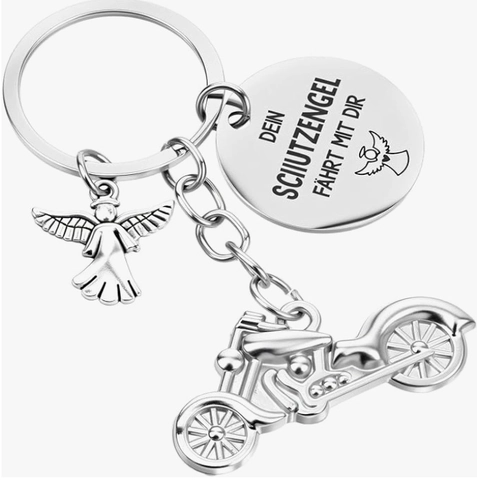 Portachiavi Moto Angelo Custode in Acciaio Inossidabile Con Scritta Tedesca Dein Schutzengel Fahrt Mit Dir Regalo Per Motociclisti