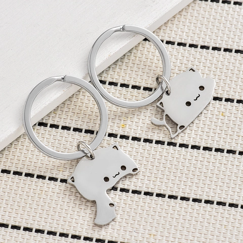 Edelstahl Niedlich Cartoon Katze Schlüsselanhänger Poliert Metall Schlüsselring Für Paare Freunde Taschenanhänger Schmuck Geschenk