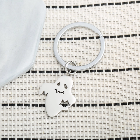 Schattige Halloween Geest Roestvrijstalen Sleutelhanger Gepolijst Zilver Opengewerkt Gezicht Sleutelring Voor Kinderen Tas Hanger Sieraden